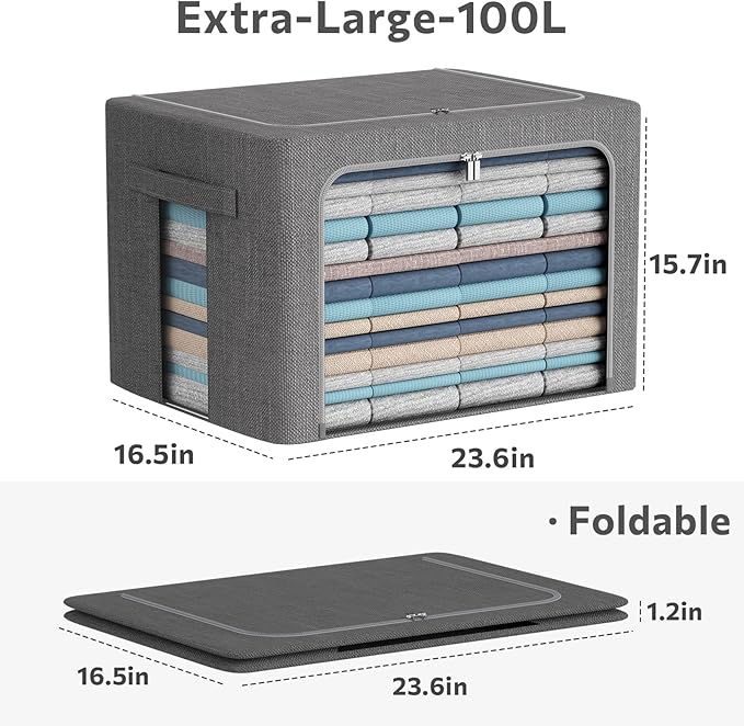 Extra Large Clothes Storage Bins - Linen Fabric Foldable Stackable Container Organizer Set with Clear Window & Carry Handles & Metal Frame (Dark Gray, Extra Large-100L)-NeatNest