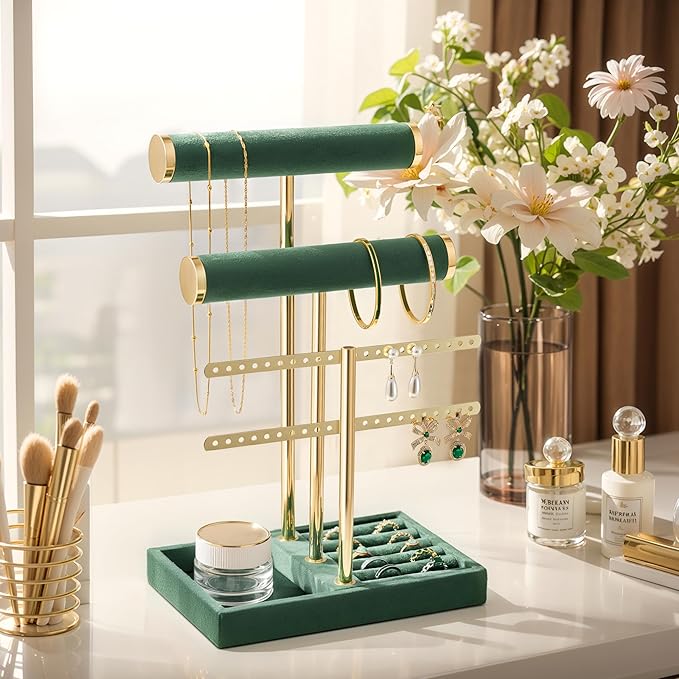 3 Tier Bracelet Holder Display - Detachable T Bar Dark Green Velvet Bracelet Holder, Jewelry Holder Organizer for Bracelet, Necklace, Earrings, Rings