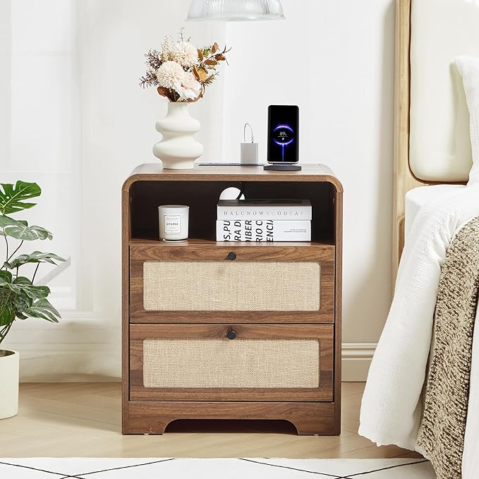 20" Wood Nightstand wiht 2 Drawer & Charging Station, Mid-Century Farmhouse Bedside End Table with Linen Decor, 2AC+USB+Type-C Port, Side Table with Storage for Livng Room (Walnut-charging)