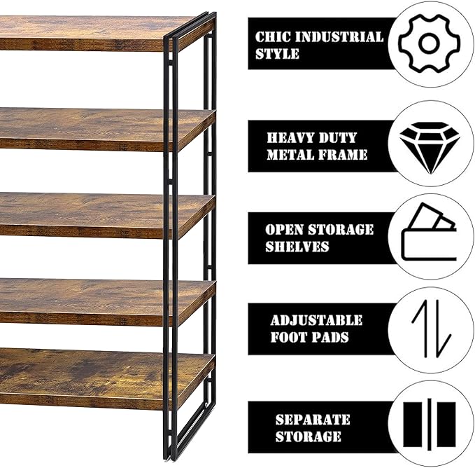 47" 5-Tier Bookshelf Rustic Wood and Metal Industrial Bookshelf for Home Office, Bedroom, Kitchen, Bathroom (Rustic Brown, 5-Tier)-NeatNest