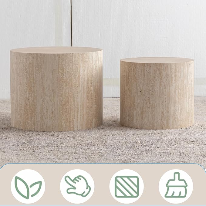 Nesting Coffee Table Set of 2 Wood Circle Drum Coffee Tables Set Round Fluted Coffee Tables for Living Room & Small Space (terrazzo)