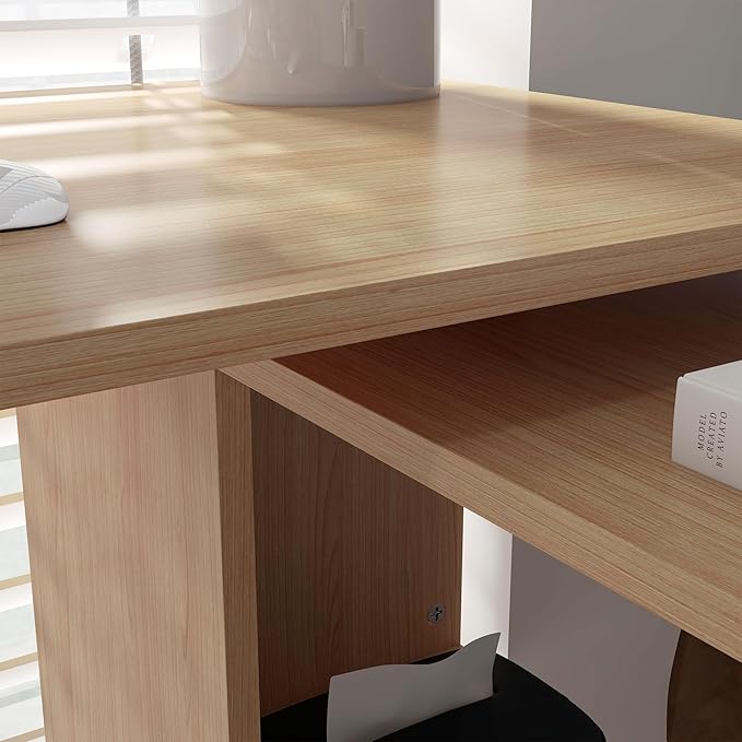 HOMCOM L Shaped Corner Desk, 360 Degree Rotating Home Office Desk with Storage Shelves, Writing Table Workstation, Maple-NeatNest