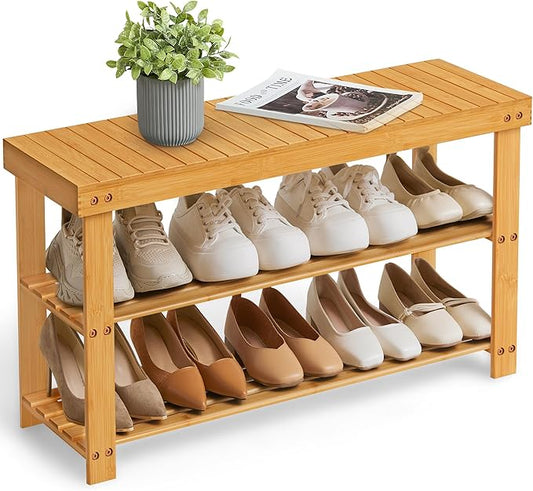 SONGMICS Shoe Rack Bench, 3-Tier Bamboo Shoe Storage Organizer, Entryway Bench, Holds Up to 286 lb, 11.3 x 35.4 x 17.8 Inches, for Entryway Bathroom Bedroom, Natural ULBS90N-NeatNest