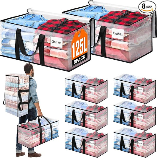 BlissTotes 8-Pack Large Moving Bags with Backpack Straps & Strong Zippers, Heavy-Duty Storage Bags Moving Boxes for Space Saving, Dorms, Transport, 125L-30 Gallons, Clear-NeatNest