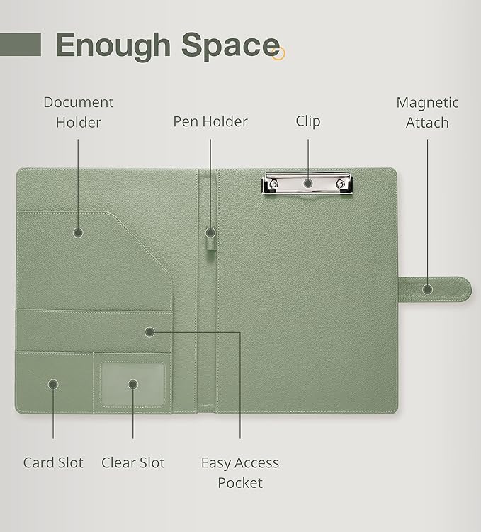Clipboard Folder Padfolio, Mymazn Writing Portfolio Faux Leather Clipboards with Cover for Legal Pad Holder Letter Size A4 8.5 x 11 for Business Conference Notepad Clip Board (Sage)-NeatNest