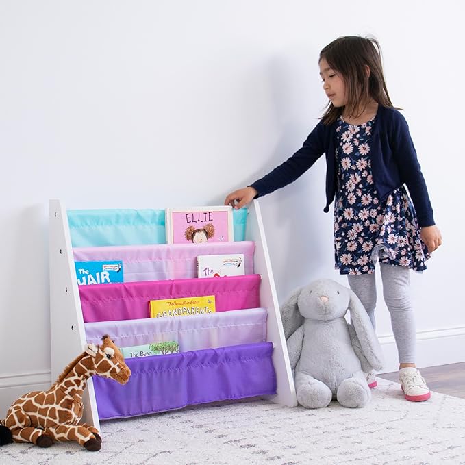 Humble Crew, White/Pink/Purple/Blue Kids Book Rack Storage Bookshelf, 4 Tiers, 25" W x 11" D x 24" H