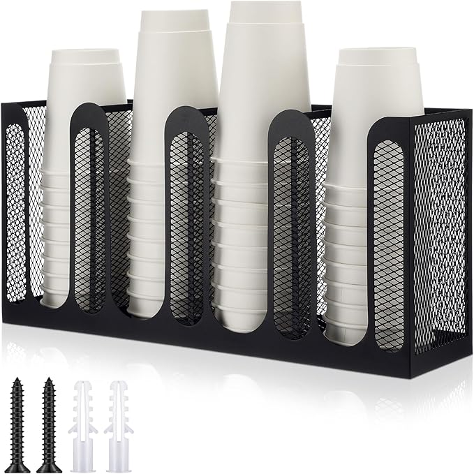 Maxcheck Metal Mesh Cup and Lid Holder Coffee Paper Cup Dispenser Lid Holder Storage Organizer Countertop or Wall Mount for Coffee Bar, Kitchen, Breakroom (4 Compartments)