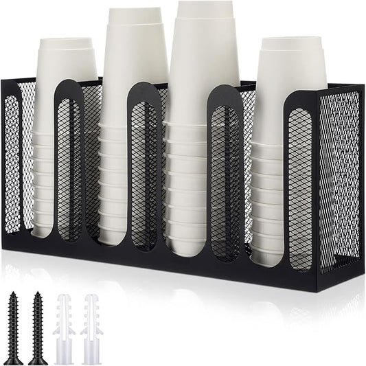 Maxcheck Metal Mesh Cup and Lid Holder Coffee Paper Cup Dispenser Lid Holder Storage Organizer Countertop or Wall Mount for Coffee Bar, Kitchen, Breakroom (4 Compartments)