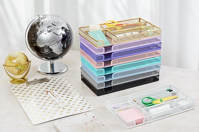 Annova Desk Drawer Organizer Tray for Office Organization - Metal Mesh - Storage Tray with Dividers for Pens, Desktop Accessories, Bathroom, Kitchen, Makeup and Office Supplies (Small, Purple)-NeatNest