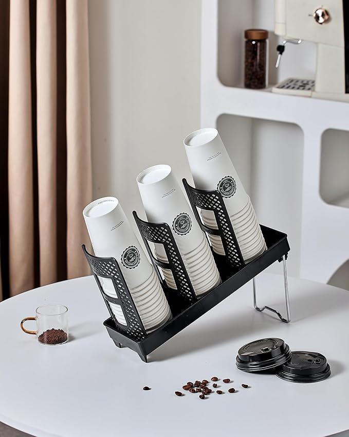 Coffee Cup Holder,Cup and Lid Dispenser with Stand,Disposable Cups Organizer,3 Slots,for Coffee Station,Bar,Office,Home,Restaurant,Breakroom,Countertop-NeatNest