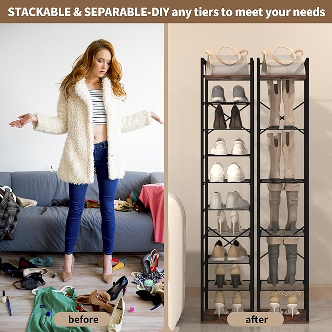 10 Tier Vertical Shoe Rack, Narrow Shoe Storage Organizer with Hooks, Slim Corner Shoe Tower Rack, Adjustable Tall Shoes Shelf, Entryway Living Room Bedroom, Rustic Brown-NeatNest