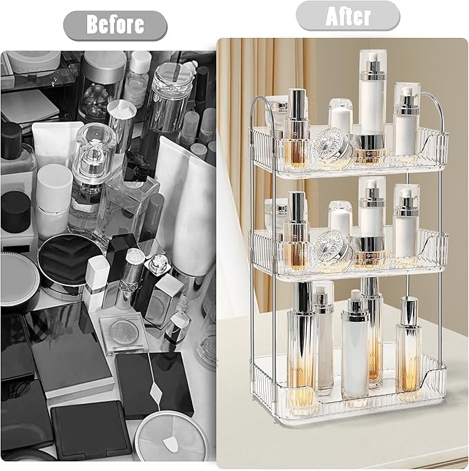 Bathroom Counter Organizer Countertop Storage Skincare Countertop Makeup Organizer Cosmetics Skincare Organizers Holder for Perfume-Clear White-Silver Pole-3 Tier-NeatNest