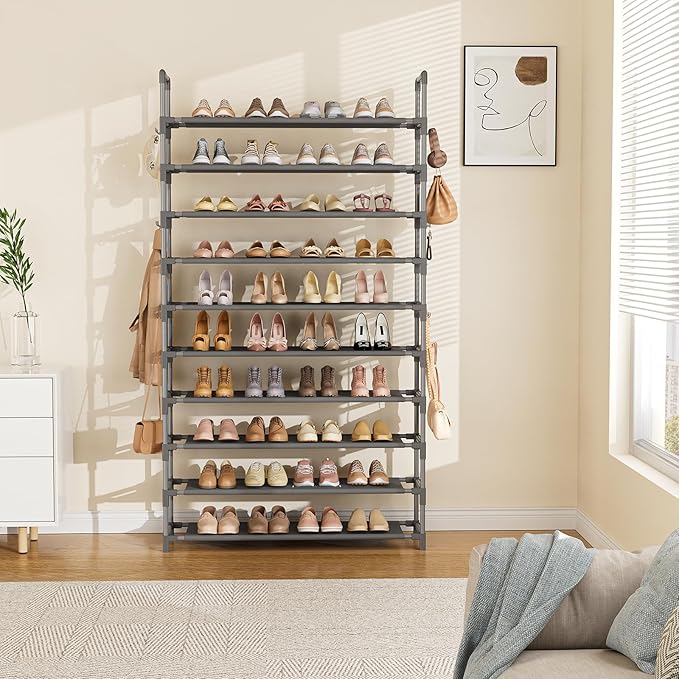 Tall Shoe Rack 10 Tier Shoe Organizer Large Shoe Shelf with 18 Hooks Storage for 50 Pair Sneaker and Boot, Stackable Vertical Shoe Rack Organizer for Closet, Entryway, Bedroom, Grey-NeatNest