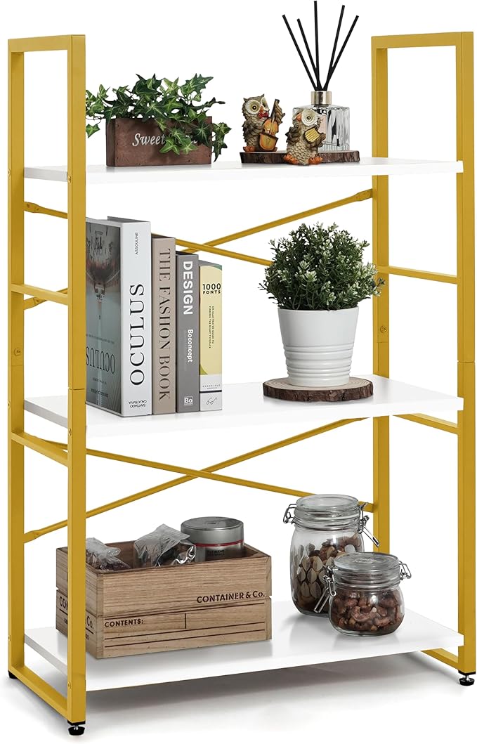 CAPHAUS 3 Tier Small Bookshelf, 24 Inch Width Free Standing Shelf, Bookcase Shelf Storage Organizer, Industrial Book Shelves for Home Office, Living Room, White Wooden Shelves & Gold Frame-NeatNest