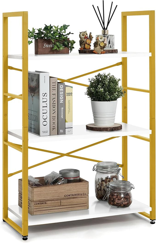 CAPHAUS 3 Tier Small Bookshelf, 24 Inch Width Free Standing Shelf, Bookcase Shelf Storage Organizer, Industrial Book Shelves for Home Office, Living Room, White Wooden Shelves & Gold Frame-NeatNest