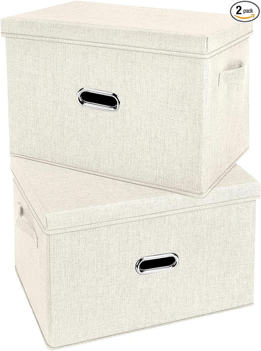 Large Linen Fabric Foldable Storage Bins with Removable Lid and Handles, Washable Storage Box Organizer Containers Baskets Cube with Cover for Bedroom,Office(Cream, Small(2-Pack))-NeatNest