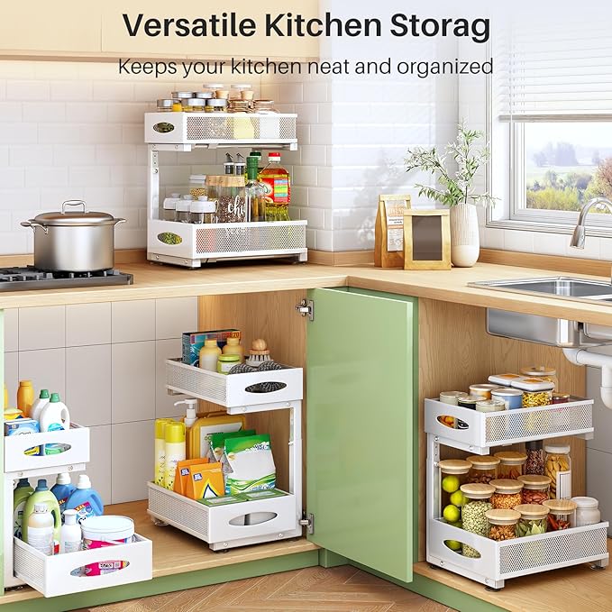 Under Sink Organizer, 2 Tier Pull out Cabinet Organizer Baskets with Mesh Sliding Drawers, Slide out Storage Shelf for Home, Kitchen, Bathroom, Pantry, Office Cabinet(1 Pack, White)-NeatNest