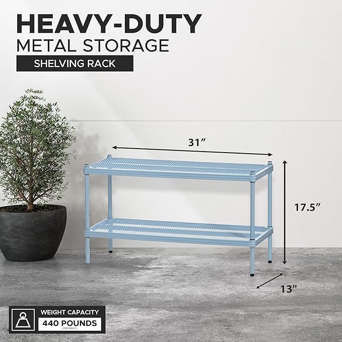Design Ideas MeshWorks, 2-Tier Steel Shelving Rack, 440lb Capacity Per Shelf, Sky Blue-NeatNest