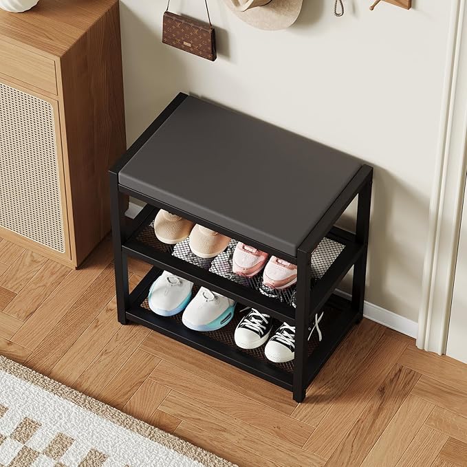 ZHOOGE Small Shoe Bench Shoe Rack Storage Bench Entryway Bench Shoe Shelf with Seat Cushion, Stable Shoe Organizer for Entryway, Living Room, Bench Seat Holds Up to 300 lb, (17"x 10"x 16", L x W x H)-NeatNest