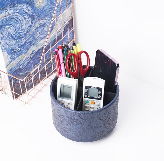 Hennaja Round Leather Art Supply Organizer,Remote Control Holder,360 Degree Spinning,Multi-Functional Pencil Holder,4 Compartments Desktop Stationary Organizer(1-Carved Dark Blue)-NeatNest