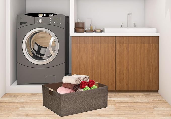 Collapsible Storage Box 16.9"x12.5"x7" with Wooden Handles | Foldable Organizer for Closet, Shelves, Toys & Cosmetics | Durable Linen-Polyester Fabric | Space-Saving Home Organization 2Pack-NeatNest