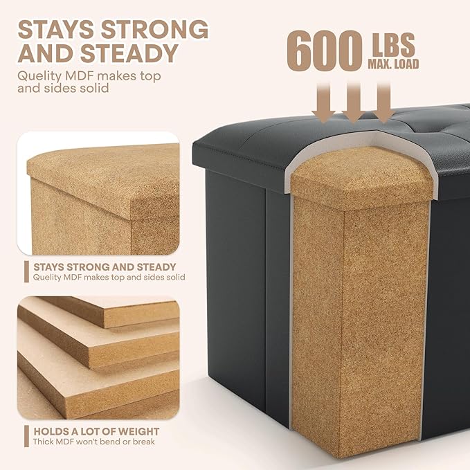 Ottoman Folding Storage Bench, 43x15x15 Inch, Foot Rest Stool for Living Room, Bedroom, Entryway, End of Bed - Multi-Functional Ottoman with Storage Black
