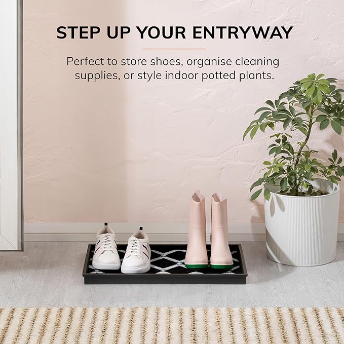 Anji Mountain Heavy Duty Waterproof Rubber Shoe Storage Mat Organizer/Boot Storage Multi Use for Entryway with Coir, Black and Ivory Diamond Insert, Fits 2 Pair (24.5" Wide)