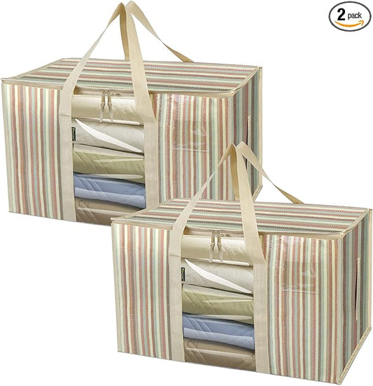 BALEINE 2-Pack Oversized Moving Bags with Reinforced Handles, Heavy-Duty Storage Tote for Clothes, Moving Supplies (Color Stripe with Window, 2-Pack)-NeatNest