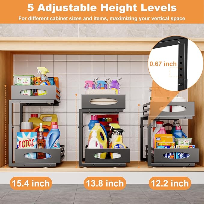 Under Sink Organizer, 2 Tier Under Sink Organizers and Storage, Adjustable Height, Slide out Metal Cabinet Organizers, Pull out Cabinet Storage Drawer Shelf for Kitchen Bathroom Black, 1 Pack-NeatNest