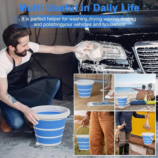 Collapsible Car Wash Bucket with Microfiber Mitt, 10L (2.6 Gallon) Portable Water Bucket with Handle for Car Wash Household Cleaning, Multiuse Collapsible Water Bucket and Car wash mitt - Blue-NeatNest