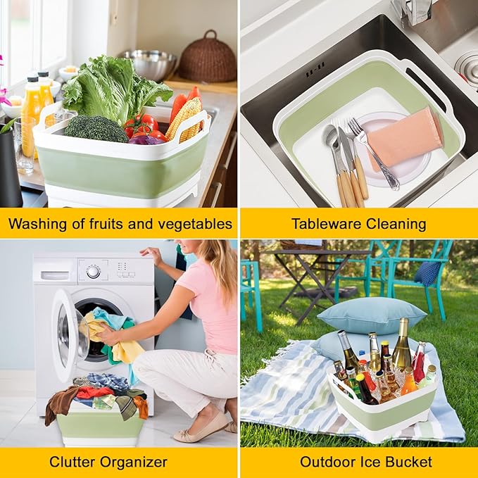 Collapsible Dish Tub 9L-Collapsible Basin Bucket Portable Sink-Outdoor Multiuse Foldable Sink Tub Wash Dish Basin for Kitchen Basin RV Camping (Green)-NeatNest