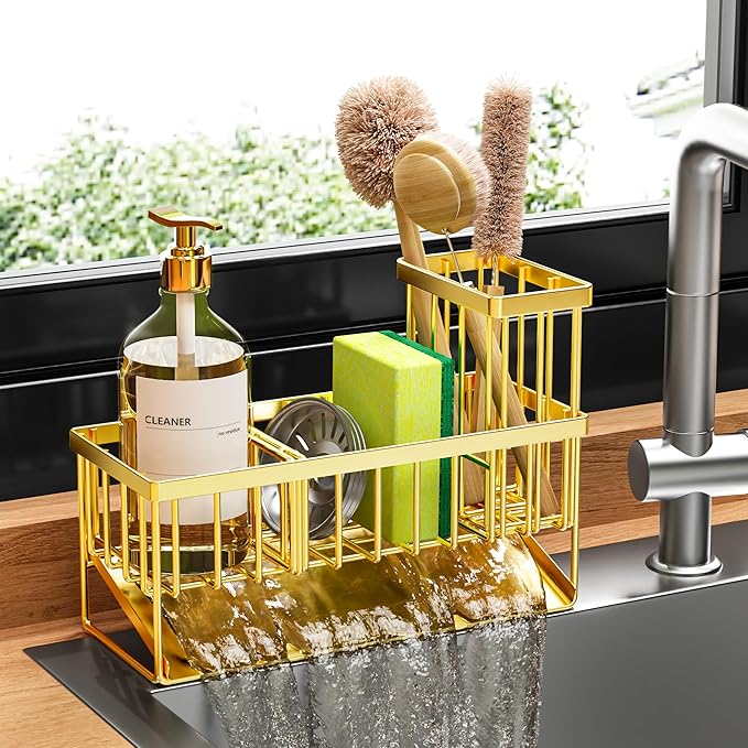 Cisily Gold Kitchen Sink Caddy Organzier with High Brush Holder, Sponge Holder for Sink, 304 Rustproof Stainless, Kitchen Countertop Soap Dispenser Organizer, Home Decor and Accessories-NeatNest
