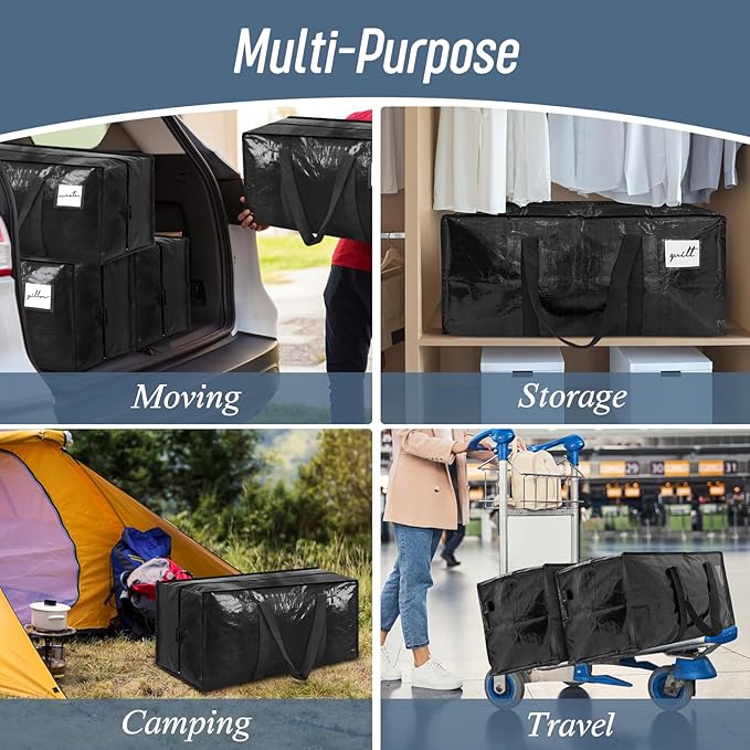 12 Pack Extra Heavy Duty Large Moving Bags with Strong Zipper & Comfortable Handles, Sturdy & Durable Clothes Storage Bags Totes Bins, Packing Moving Boxes for College Supplies, Black-NeatNest