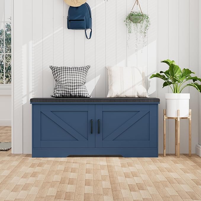 2-Tier Storage Bench, Shoe Bench with Padded Seat Cushion, Entryway Bench with 2 Barn Doors, Adjustable Shelf, 13.8" D x 39.4" W x 17.7" H, for Entryway, Living Room, Bedroom, Blue-NeatNest