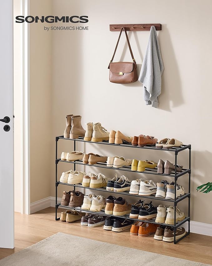SONGMICS Shoe Rack, 4-Tier Shoe Organizer, Metal Storage Shelf, Upright or Upside Down, for 25-30 Pairs, Stackable, for Entryway, 11.8 x 46.1 x 29.5 Inches, Black ULSA034B01-NeatNest