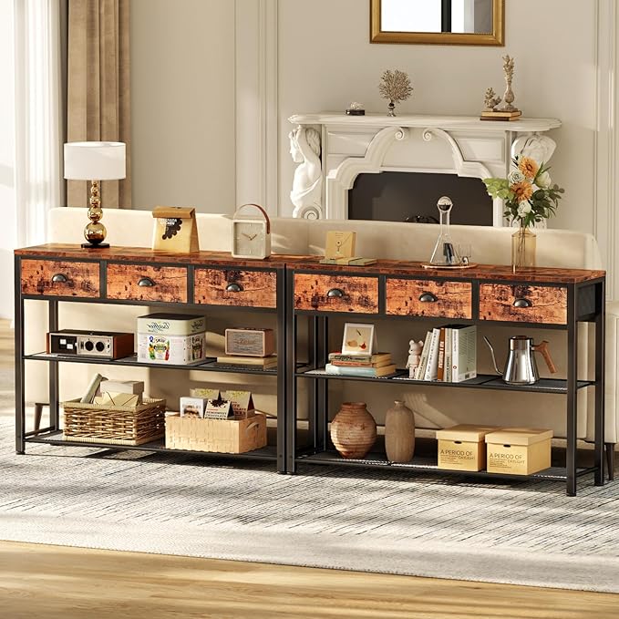 Furologee Entryway Table, 38'' Console Sofa Table with 3 Fabric Drawers, Industrial Entry Way Table with Storage Shelves, Display Shelf for Living Room, Hallway, Entrance, Foyer, Rustic Brown-NeatNest