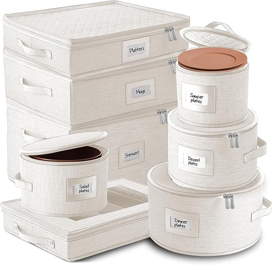 Fine China Storage Containers, 8 Piece Quilted Dish Storage Containers for Flatware & Utensil, Mug, Platter and Wine Glass with Felt Dividers, Durable Dinnerware Dish Organizers for Moving, Cream-NeatNest