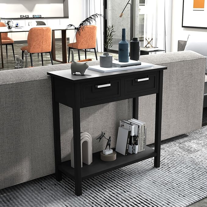 GOFLAME Small Console Table with 2 Drawers, 31” Entry Table with Storage Shelf, Modern, Narrow Sofa Table for Living Room, Hallway, Entrance (Black)-NeatNest