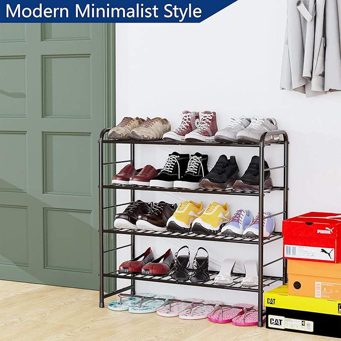 REGILLER 4-Tier Stackable Shoe Rack, Expandable & Adjustable Shoe Organizer Storage Shelf, High Capacity, Wire Grid, Black-NeatNest