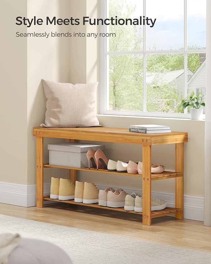 SONGMICS Shoe Rack Bench, 3-Tier Bamboo Shoe Storage Organizer, Entryway Bench, Holds Up to 286 lb, 11.3 x 35.4 x 17.8 Inches, for Entryway Bathroom Bedroom, Natural ULBS90N-NeatNest
