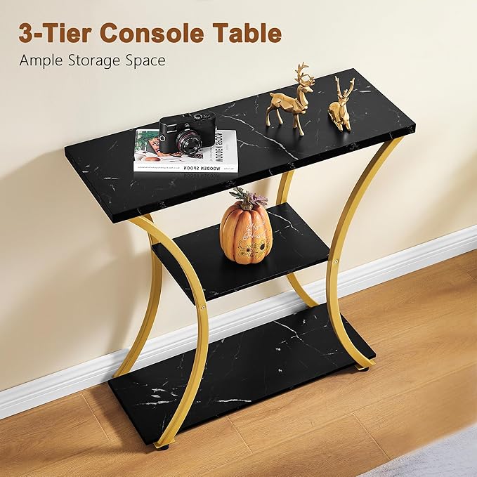 Hoctieon 3 Tier Console Table with Open Wood Shelves, Decorative Entryway Table with Curved Metal Frames, Narrow Sofa Table for Entrance, Living Room, Hallway, Gold and Black Marbled-NeatNest