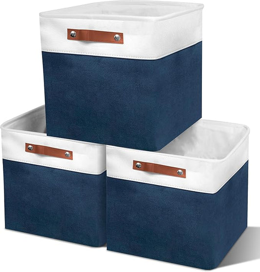 13in Open Fabric Storage Basket with Leather Handles for Organizing, Collapsible Linen Closet Bins for Shelves, Closets, Laundry, Decorative Basket for Gifts. (White＆Blue, 3PCS/13x13in)-NeatNest