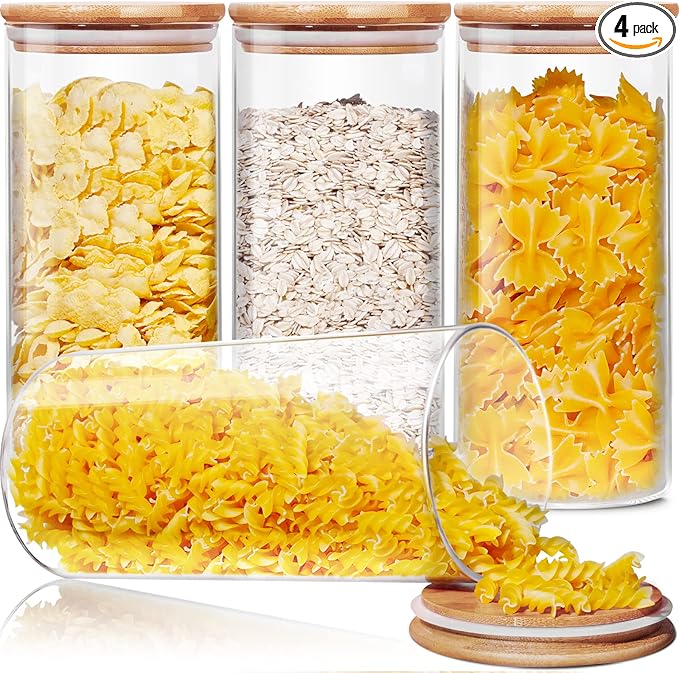 Glass Jars with Bamboo Lids 53 FL OZ [Set of 4], Glass Canisters with Airtight Lids, Glass Food Storage Containers for Pasta, Oats, Coffee, Flour, Sugar, Rice, Best for Kitchen & Pantry-NeatNest