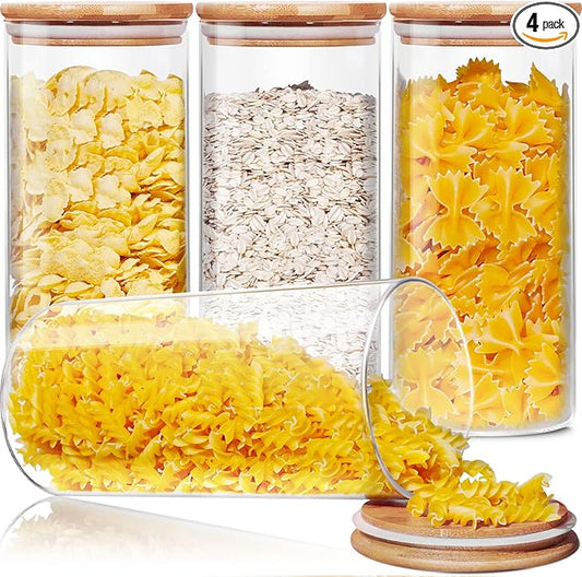 Glass Jars with Bamboo Lids 53 FL OZ [Set of 4], Glass Canisters with Airtight Lids, Glass Food Storage Containers for Pasta, Oats, Coffee, Flour, Sugar, Rice, Best for Kitchen & Pantry-NeatNest