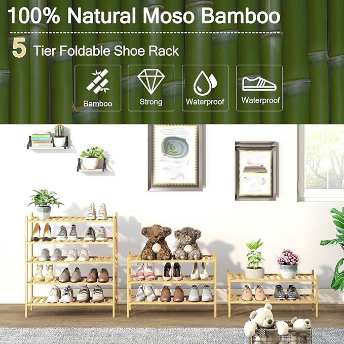 5-Tier Bamboo Shoe Rack for Entryway, Stackable | Heavy Duty | Multi-Function, Free Standing Shoe Racks for Bedroom Hallway Closet-NeatNest