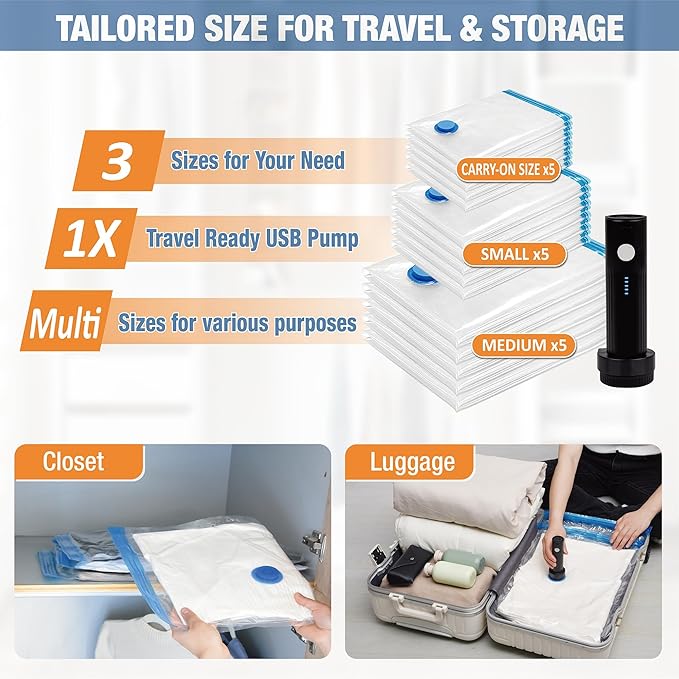 Travel Vacuum Storage Bags with Electric Pump, 15 Combo Travel Packing Bags for Luggage and Suitcase, Carry-on Size Compression Space Saver for Clothes and Clothing-NeatNest