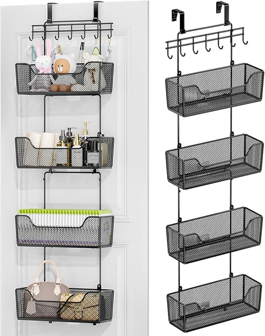 HapiRm Over The Door Organizer - Hanging Door Organizer with 4 Metal Large Capacity Baskets and Adjustable Coat Hook for Bathroom Bedroom Kitchen Pantry Closet Cabinet-NeatNest
