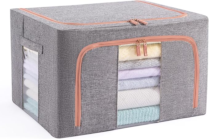 66L Stackable Clothes Storage Bins with Metal Frame Handles & Zipper, Collapsible Closet Organizer Box with Lid for Bedding Blankets Towel (Grey,1 pack)-NeatNest