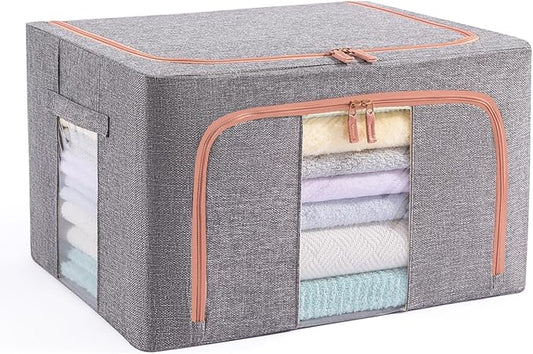 66L Stackable Clothes Storage Bins with Metal Frame Handles & Zipper, Collapsible Closet Organizer Box with Lid for Bedding Blankets Towel (Grey,1 pack)-NeatNest
