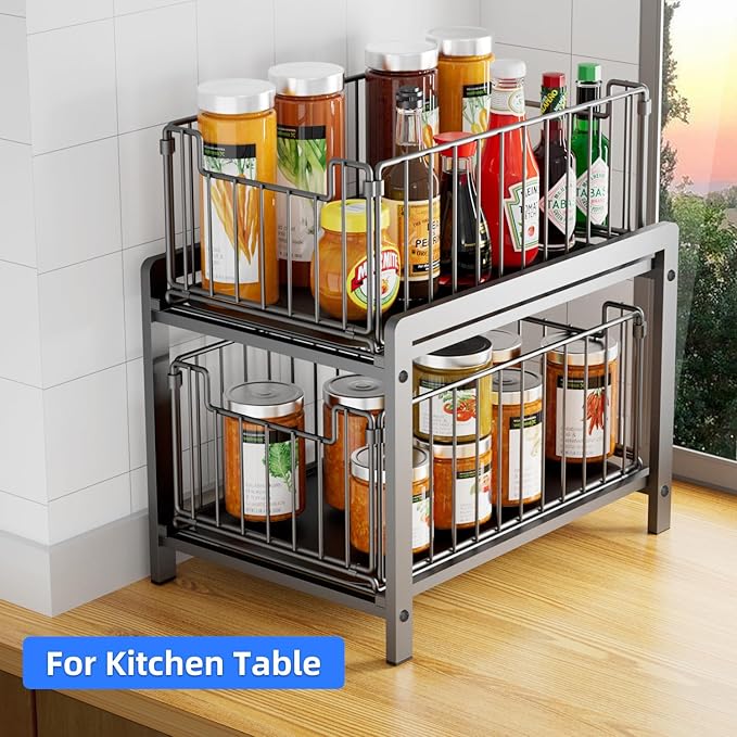 2 Tier Sliding Basket Drawer Organizer, Lxmons Pull Out Under Sink Cabinets Organizers, Metal Home Shelf for Bathroom or Kitchen, Sliding Countertop or Pantry Storage Shelf, Large Black-NeatNest